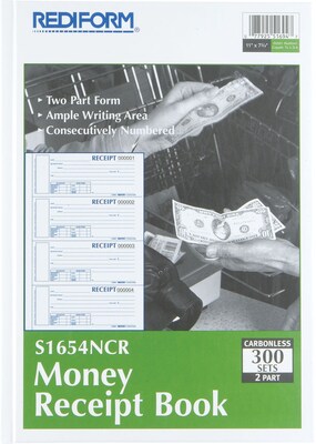 Rediform Carbonless Money Receipt Books, 11 x 8, 2-Part, 300 Sets (S1654NCR)