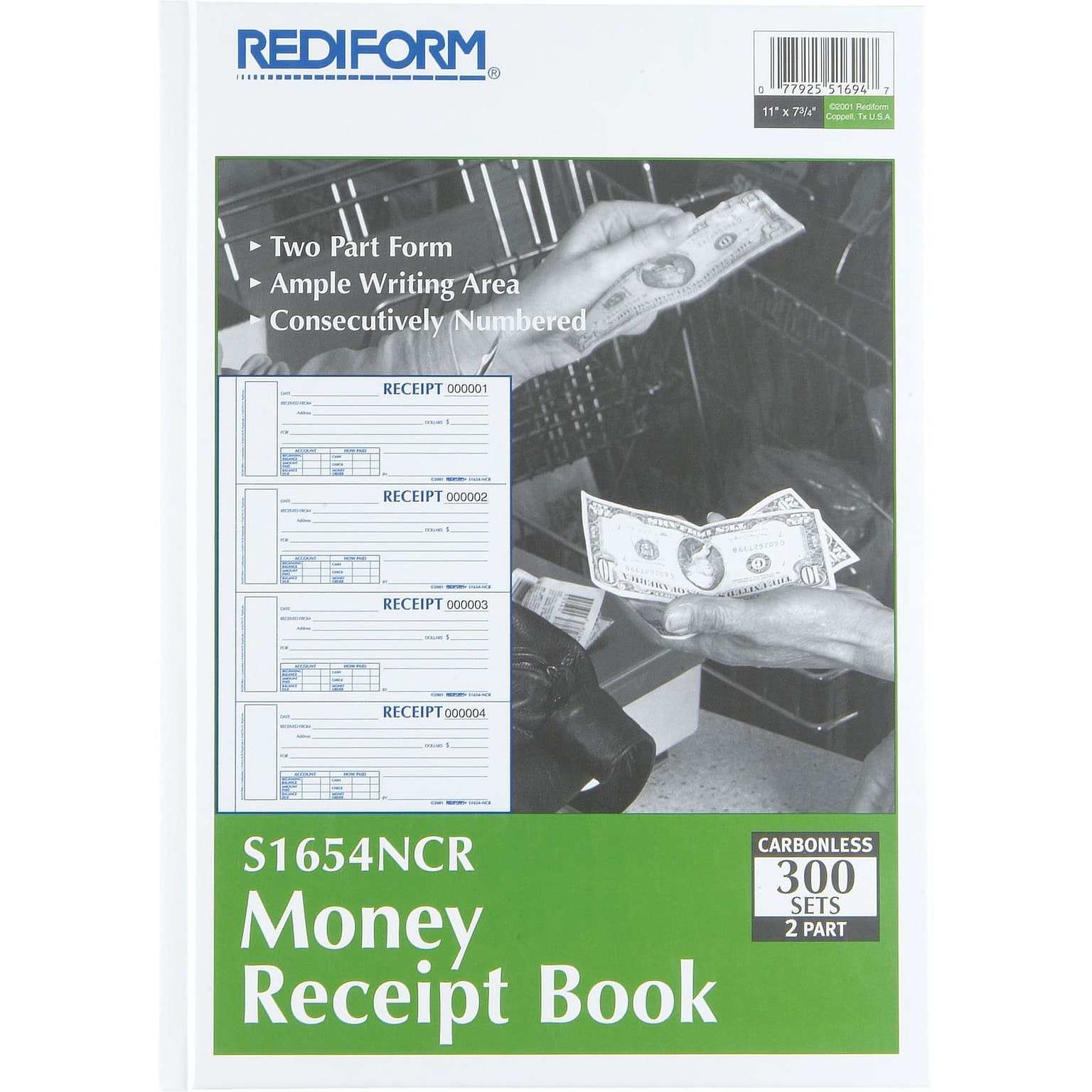 Rediform Carbonless Money Receipt Books, 11 x 8, 2-Part, 300 Sets (S1654NCR)