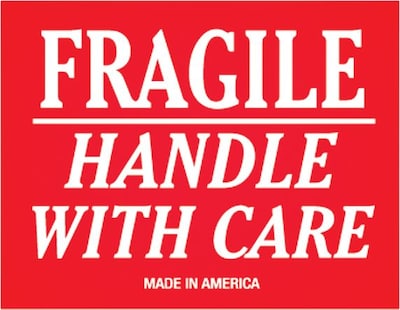 Tape Logic Labels, Fragile - Handle With Care, 3 x 4, Red/White, 500/Roll