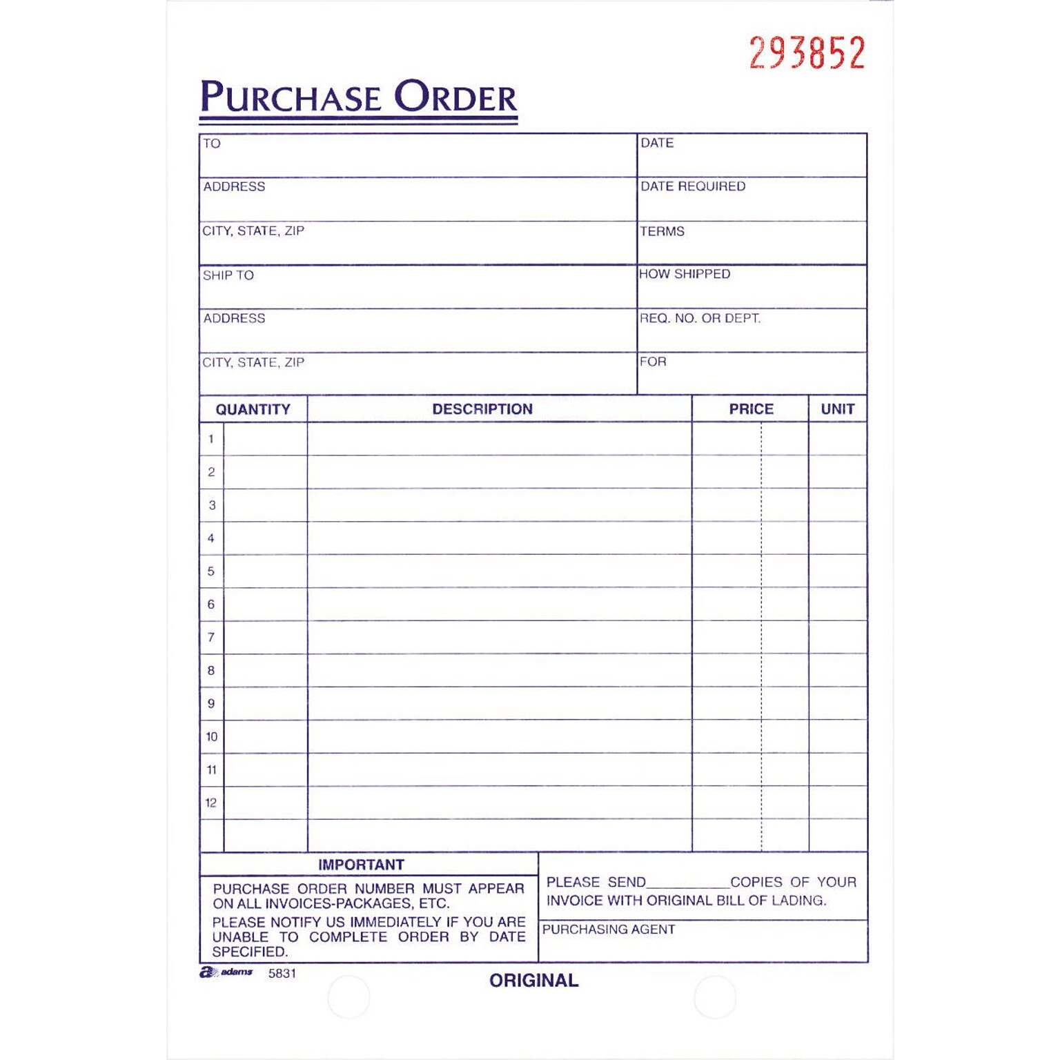Adams Purchase Order Forms, 3-Part Book, 5 9/16 x 8 7/16, 50 per Pack (TC5831)