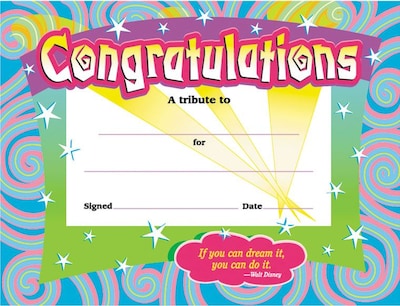 Trend Enterprises Congratulations Award Certificates, Assorted Colors, 8 1/2H x 11W, 30/Pk