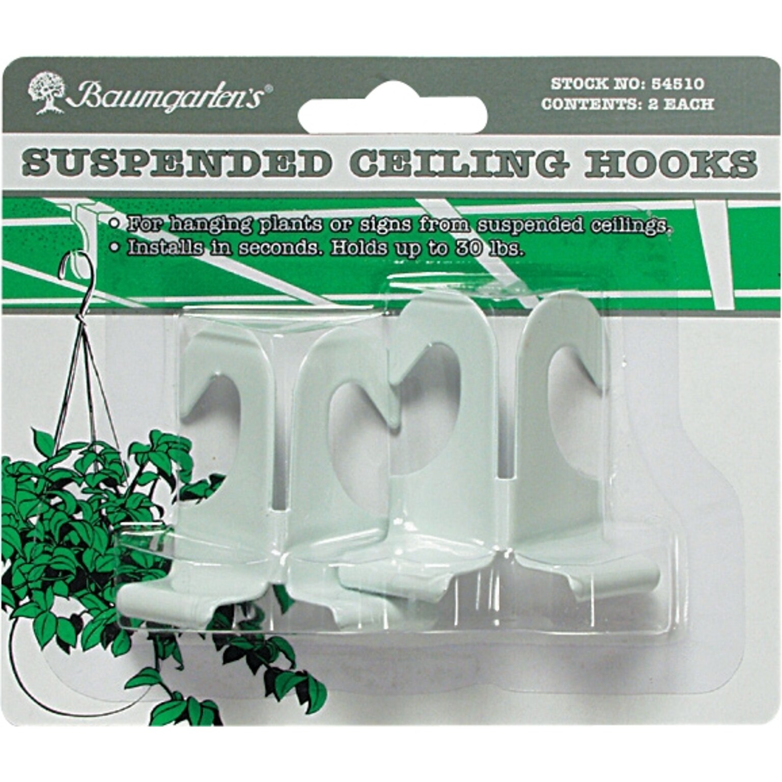 Baumgartens® Suspended Ceiling Hooks, White, Holds 30 Lbs., 2L, 2/Pk