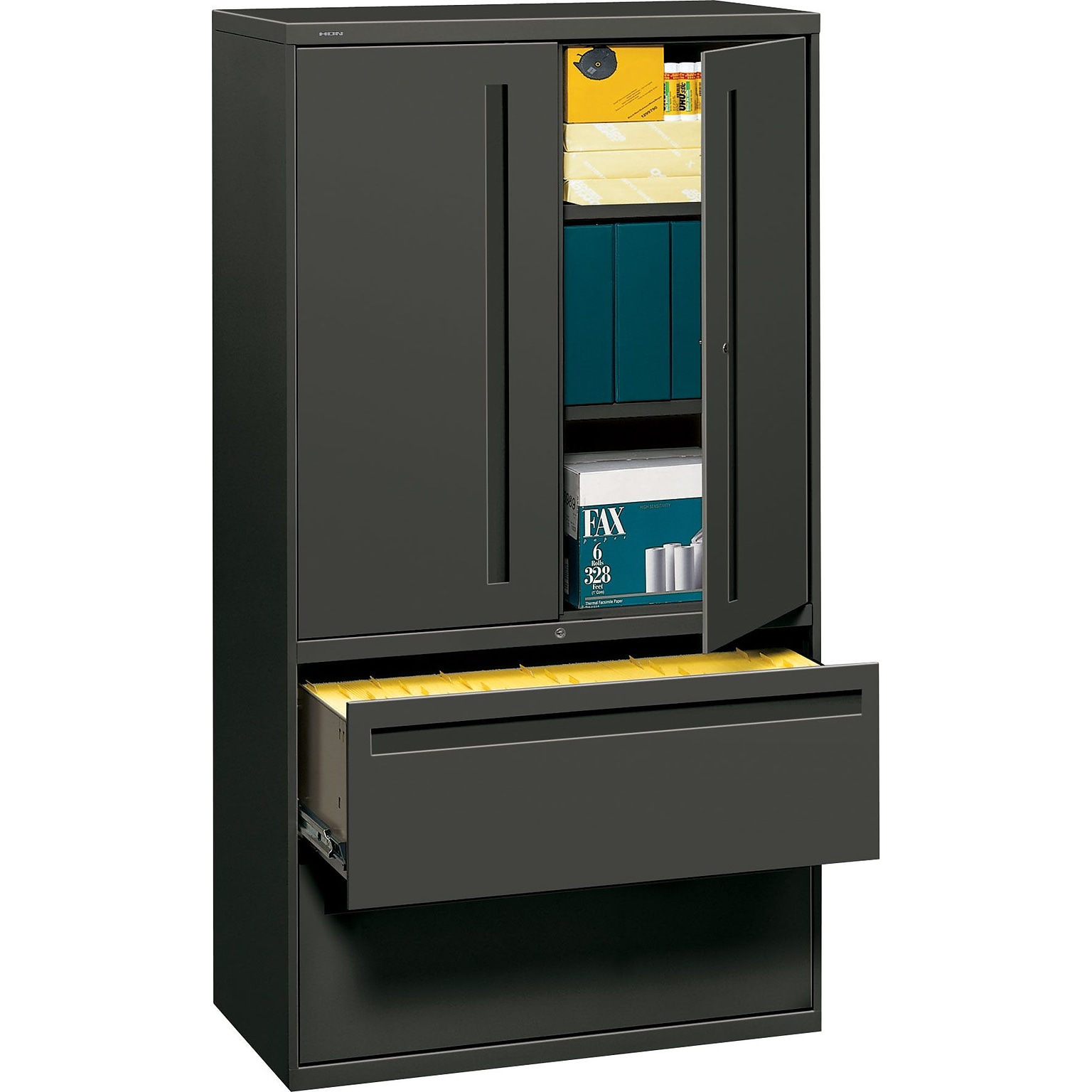 HON® 700 Series 2 Drawer Lateral File Cabinet w/Roll-Out & Posting Shelves, Charcoal, Letter/Legal, 36W (HON785LSS)