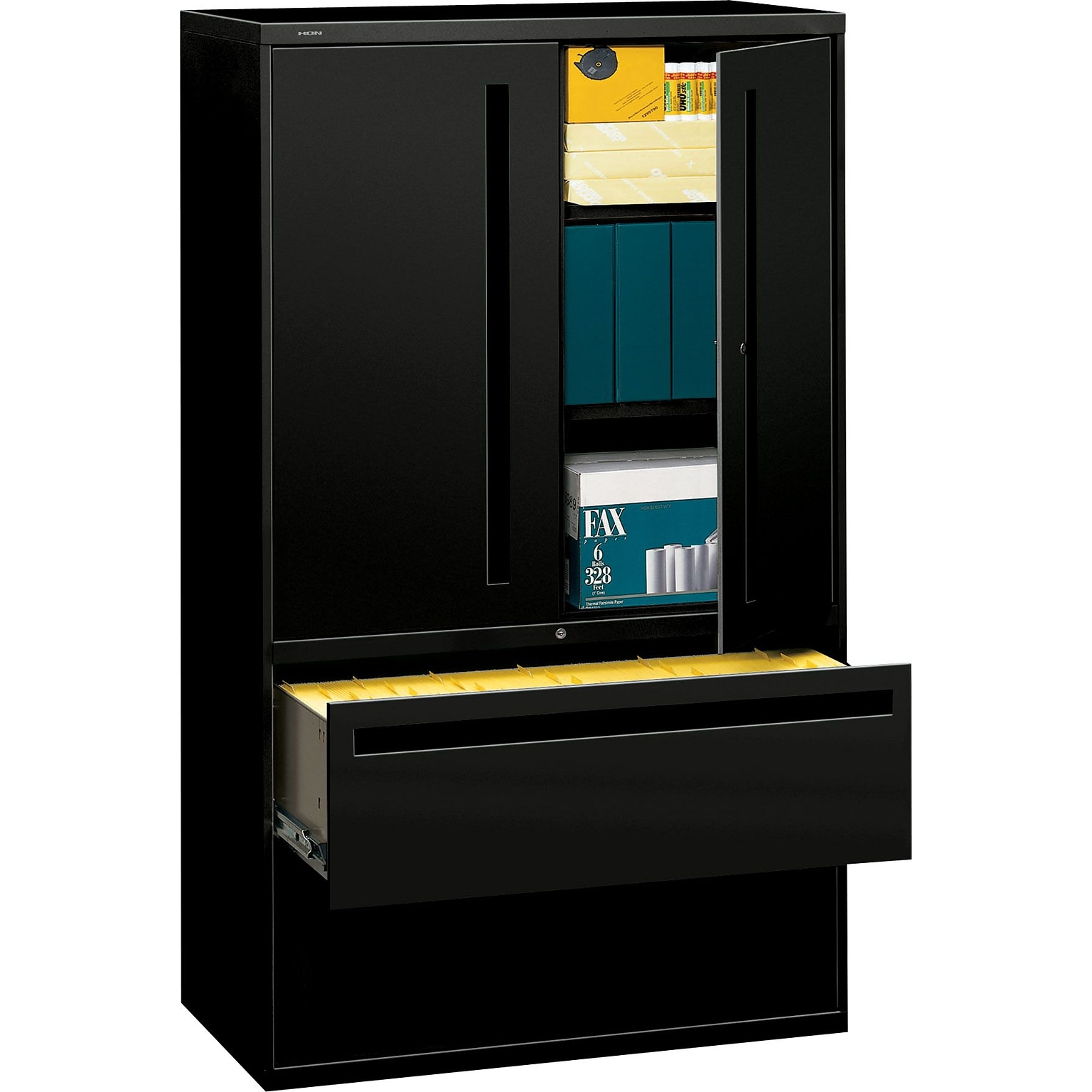 HON® 700 Series 2 Drawer Lateral File Cabinet w/Roll-Out & Posting Shelves, Black, Letter/Legal, 42W (HON795LSP)