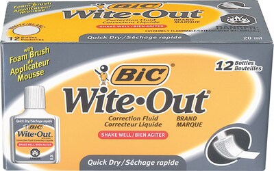 BIC Wite-Out Quick Dry Correction Fluid, 20ml., White, 12/Pack (WOFQD12-WHT)