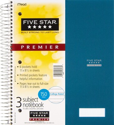 Mead Five Star 3-Subject Notebook, 8.5" x 11", College Ruled, 150 Sheets, Assorted Colors, Each (06050/06210)