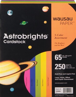 Astrobrights 65 lb. Cardstock Paper, 8.5" x 11", Assorted Colors, 250 Sheets/Pack, 4 Packs/Carton (21004)
