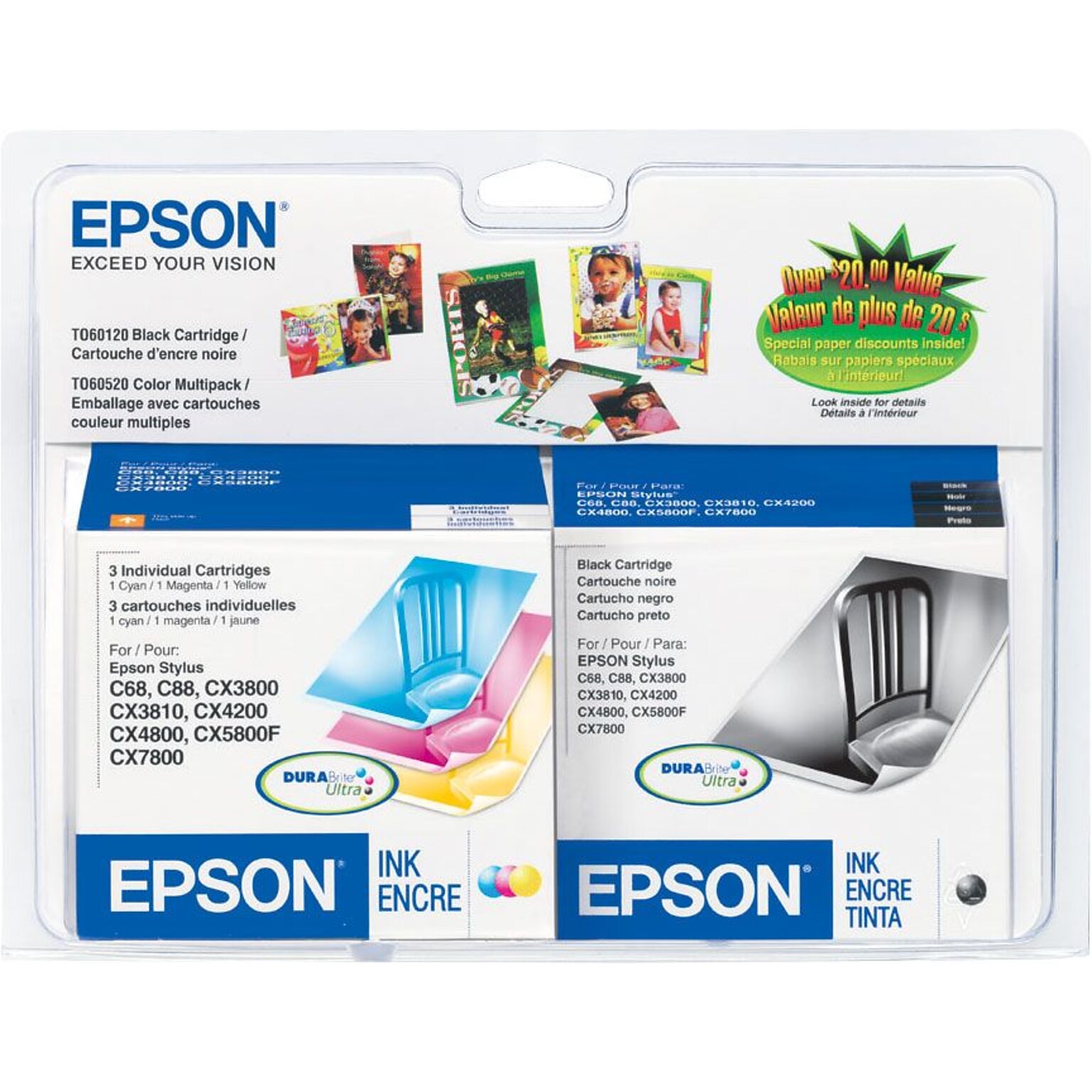 Epson T60 Black/Cyan/Magenta/Yellow Standard Yield Ink Cartridge, 4/Pack (T060120-BCS)