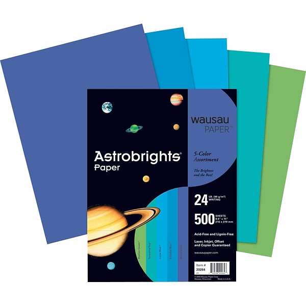 Astrobrights Wausau Colored Paper, 24 lbs., 8.5 x 11, Assorted Cool Colors, 500 Sheets/Ream (WAU20274)