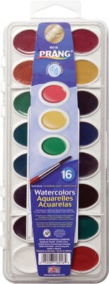 Prang Semi-Moist Washable Watercolor Paint with Brush, Assorted Colors, 16 Colors/Set (16016)