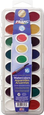 Prang Semi-Moist Washable Watercolor Paint with Brush, Assorted Colors, 16 Colors/Set (16016)