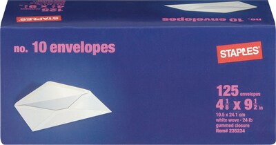 Staples Gummed White Wove #10 Standard Business Envelopes, 4 1/8 x 9 1/2, White, 125/Box (235234/1