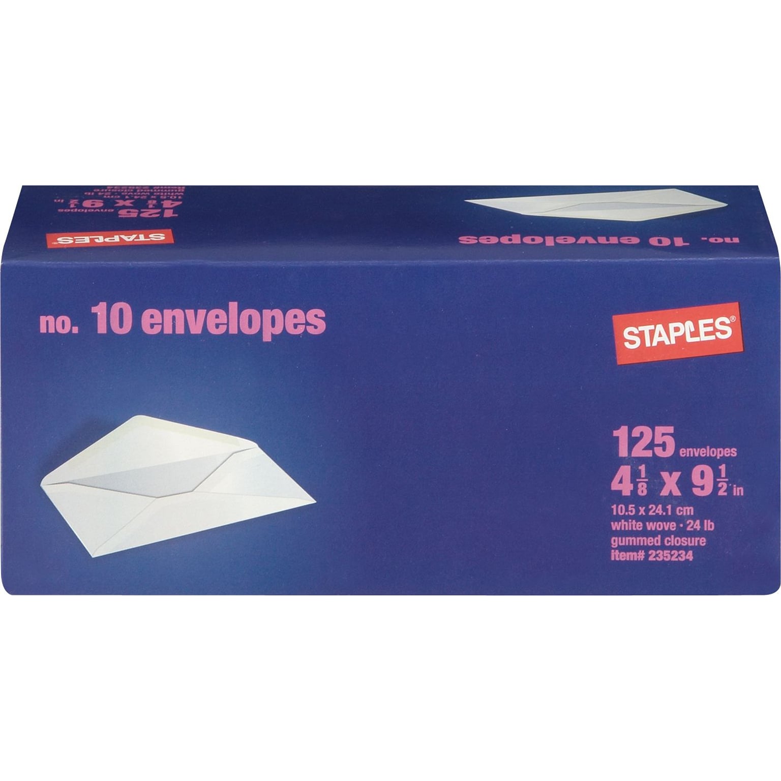 Staples Gummed White Wove #10 Standard Business Envelopes, 4 1/8 x 9 1/2, White, 125/Box (235234/19258)