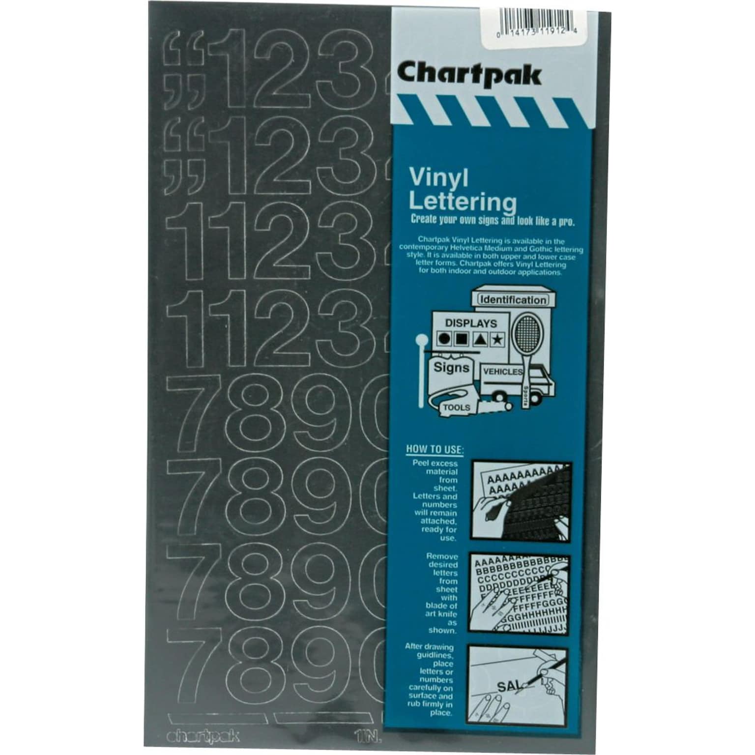 Numbers, Press-On Vinyl, Self-Adhesive, Indoor/Outdoor, Black, 1, 44/Pack