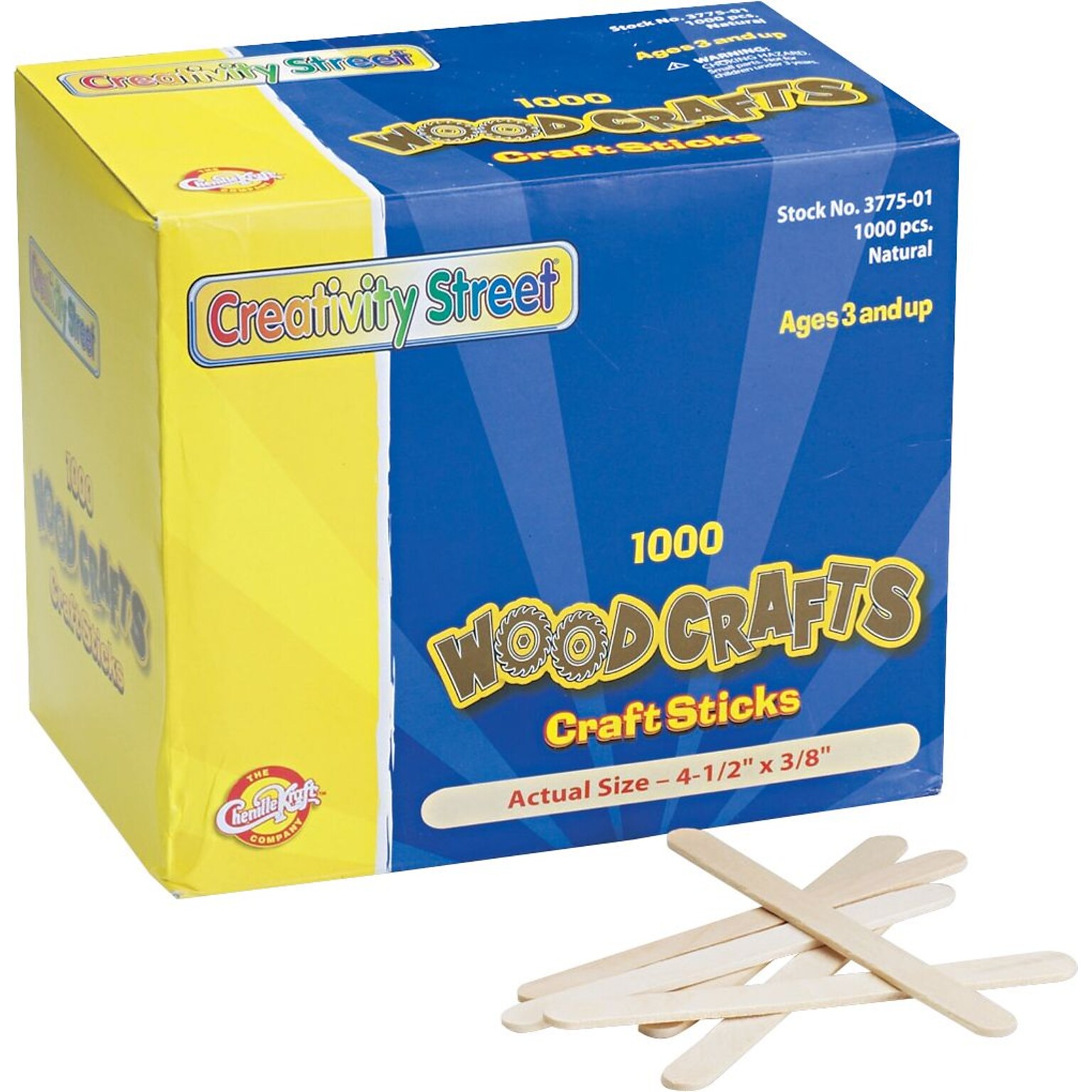 Chenille Kraft Company Natural Wood Craft Sticks, Regular Size, Natural, 4 1/2 x 3/8, 1,000/Bx