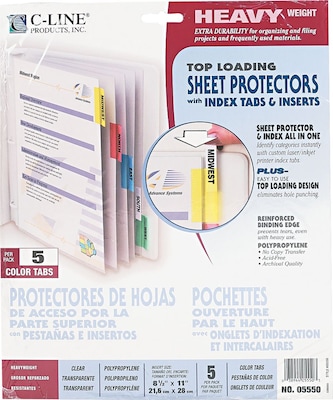 C-Line Heavyweight Sheet Protectors, 8-1/2 x 11, Assorted Colors, 5 Tab, 5/Set (5550)