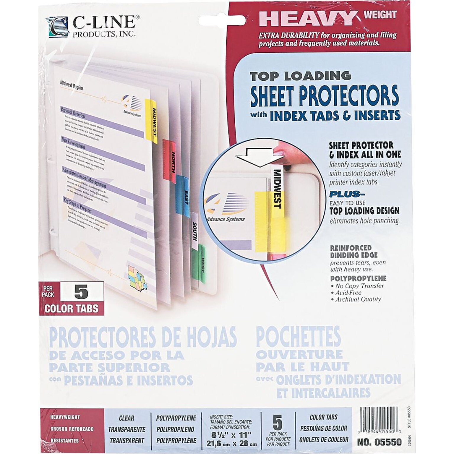 C-Line Heavyweight Sheet Protectors, 8-1/2 x 11, Assorted Colors, 5 Tab, 5/Set (5550)