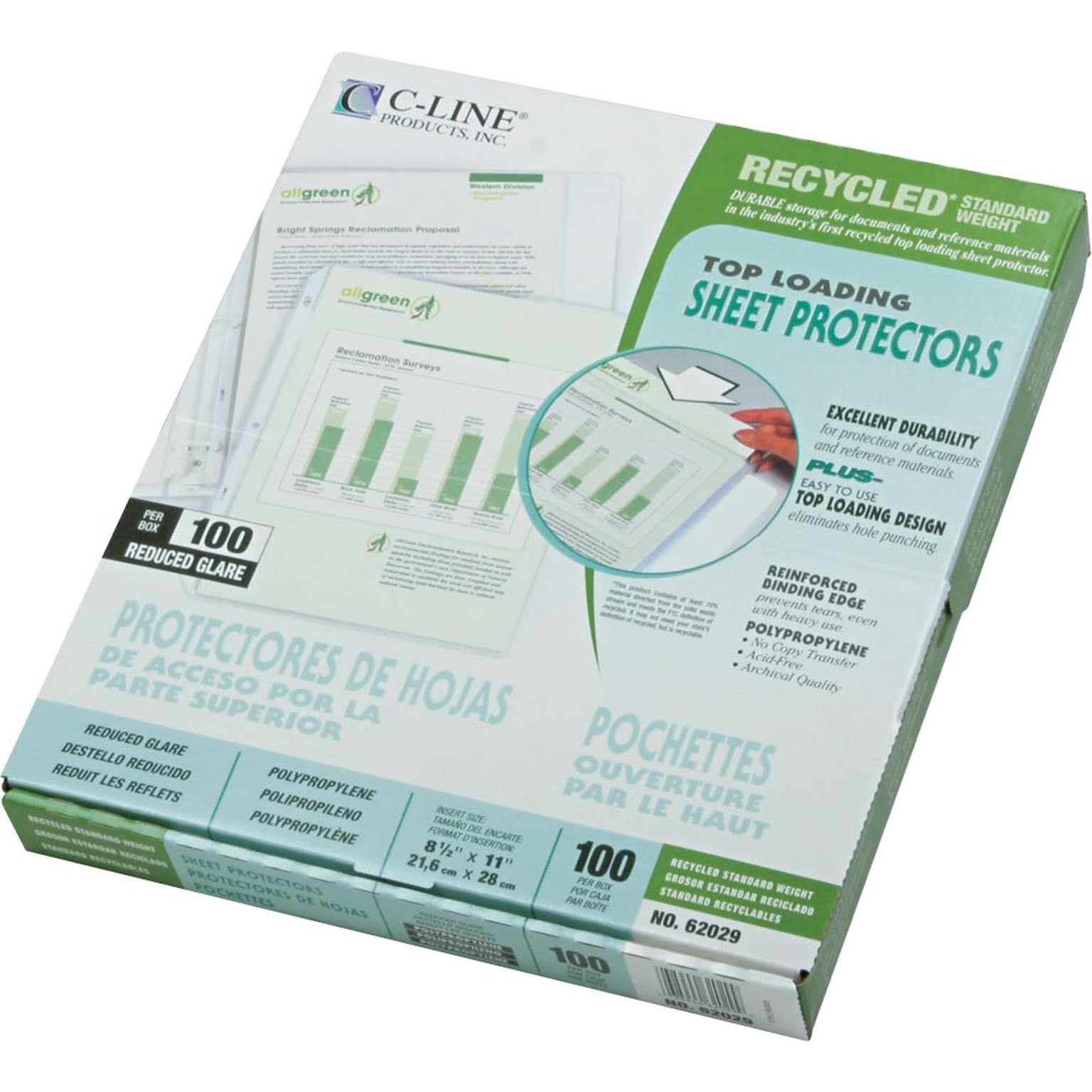 C-Line Recycled Lightweight Sheet Protectors, 11 x 8-1/2, Clear, 100/Box (62029)