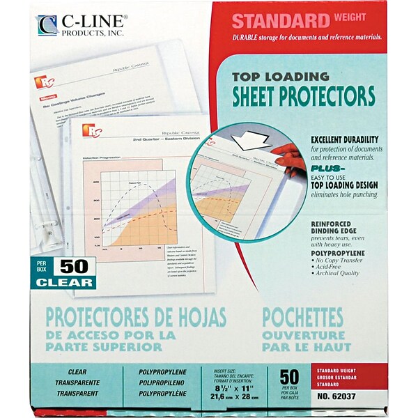 CLine Standard Weight Sheet Protectors, 11" x 81/2", Clear, 50/Box (62037)
