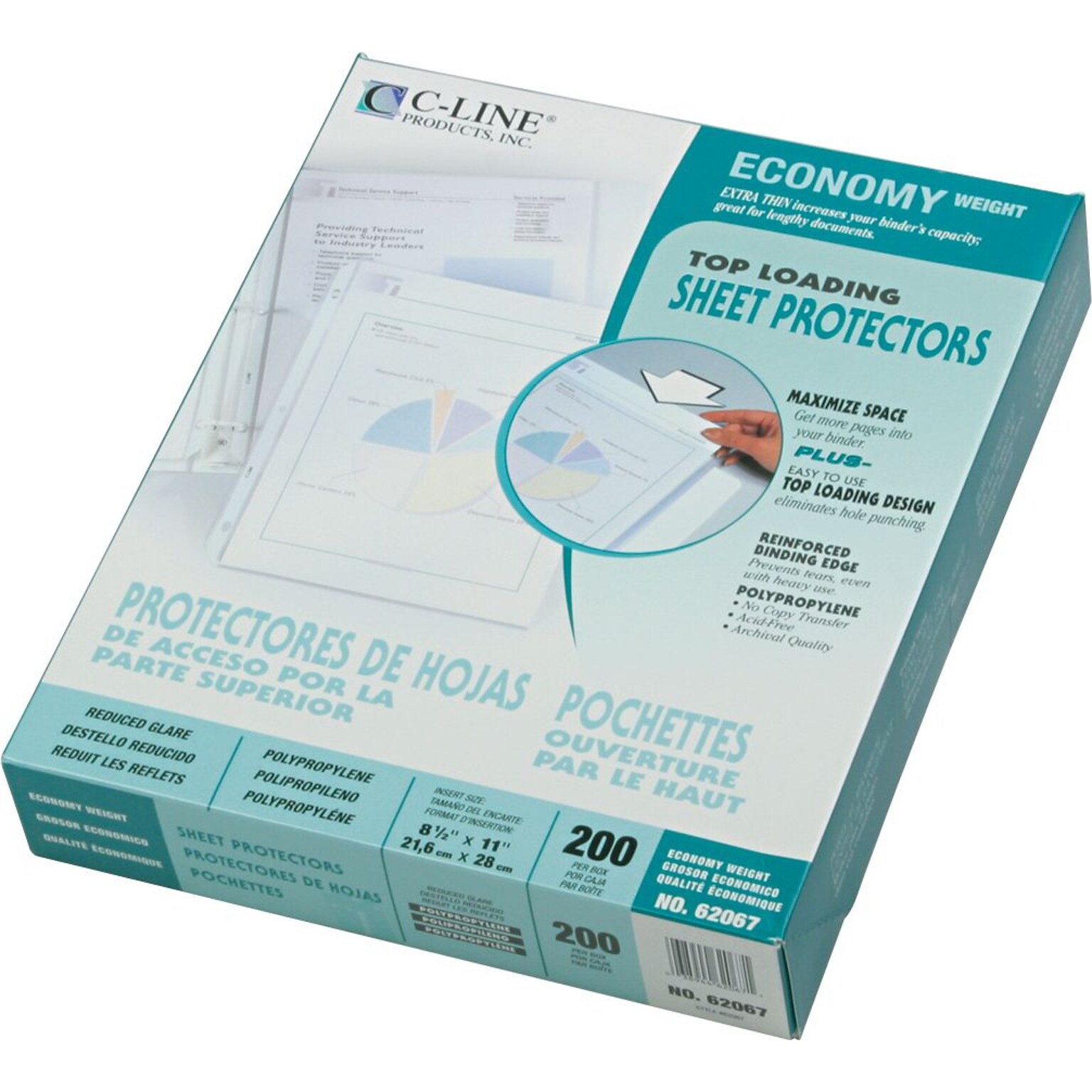 C-Line Top Load Sheet Protector, Economy Weight, Reduced Glare, 8-1/2 x 11, Clear, 200/Box (CLI62067)