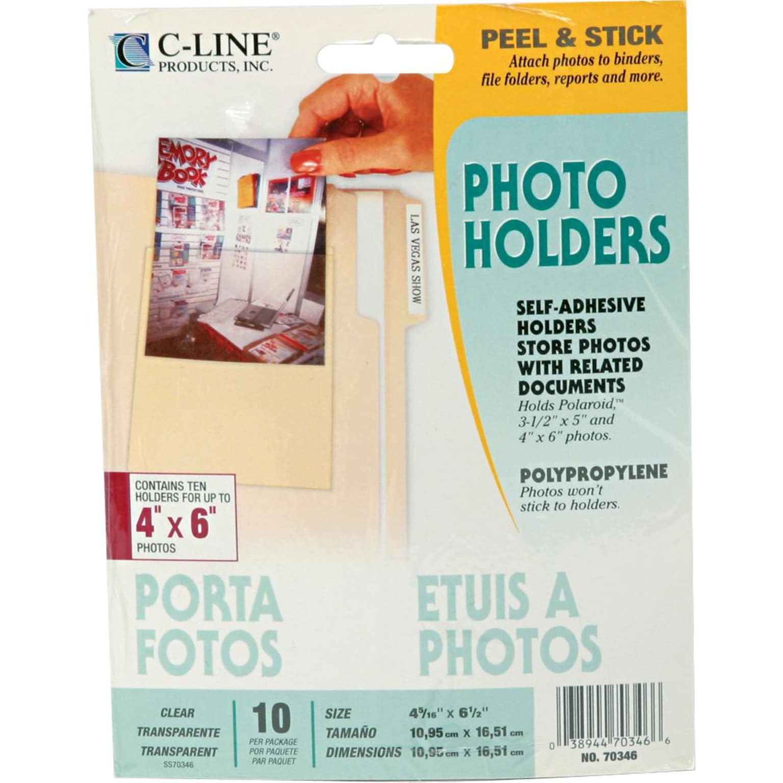 C-Line Peel & Stick Photo Holders for 3 x 5 & 4 x 6 Photos, Clear, 10/Pack (CLI70346)