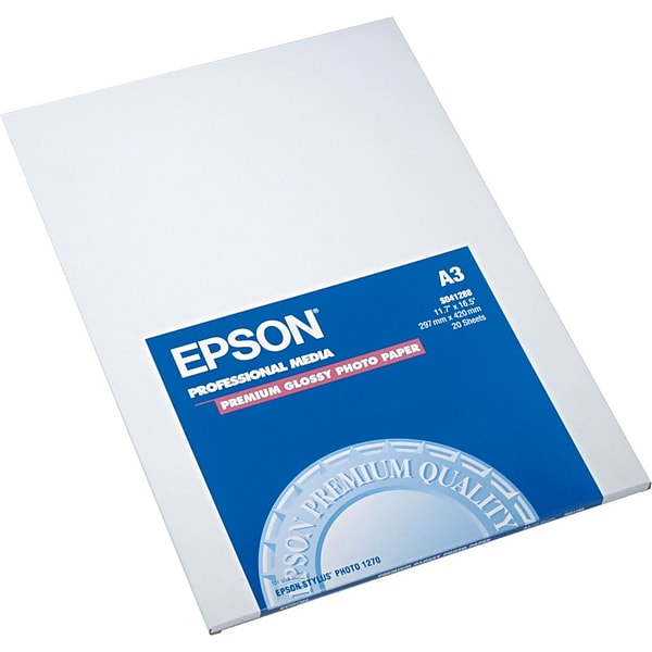 Epson Ink Jet Photo Paper, Premium Glossy, 68 lbs., A3-Size (11.7 x 16 1/2), 20 Sheets/Pk