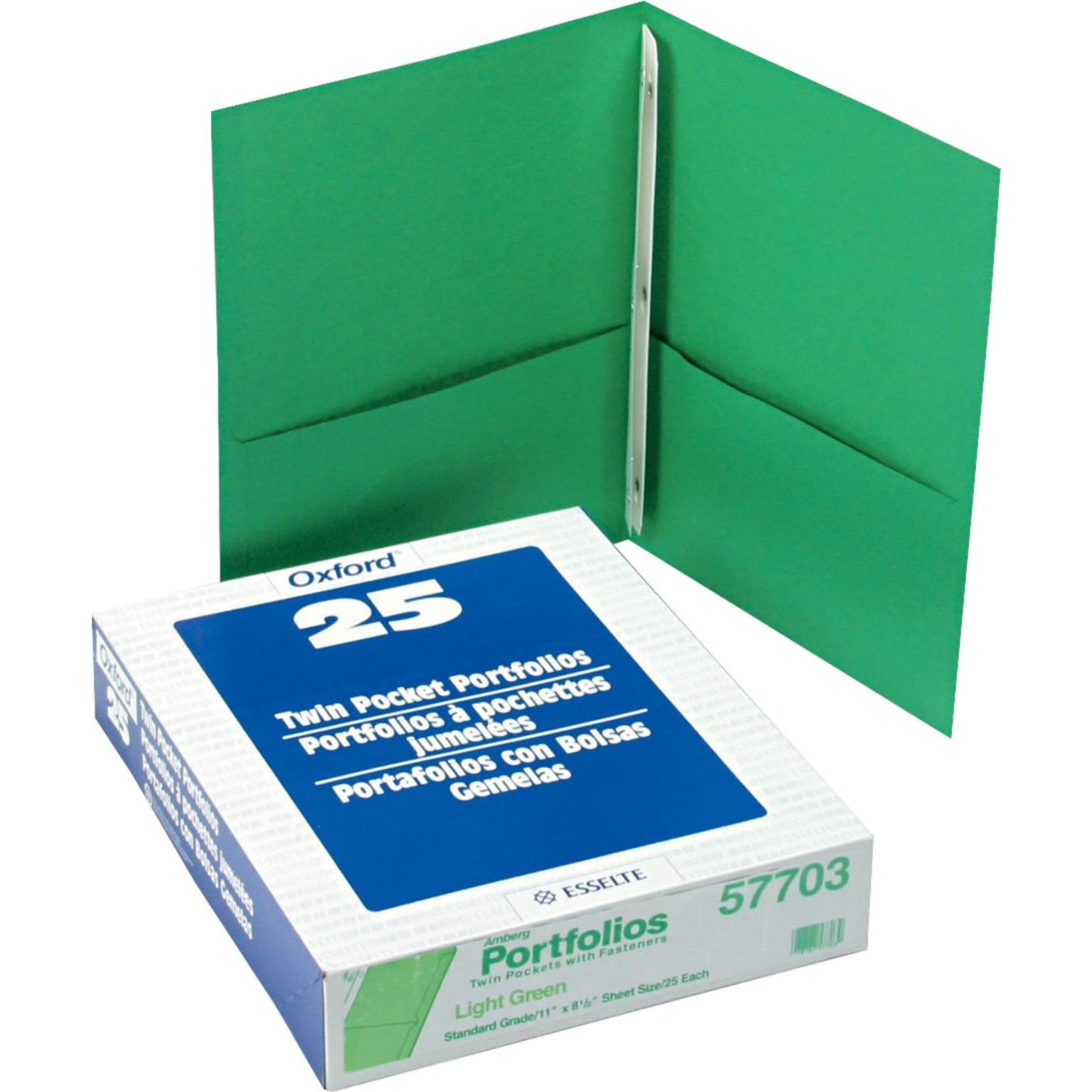 Oxford Twin Pocket Portfolio with Fasteners, Light Green, 8 1/2 x 11, 25/Bx