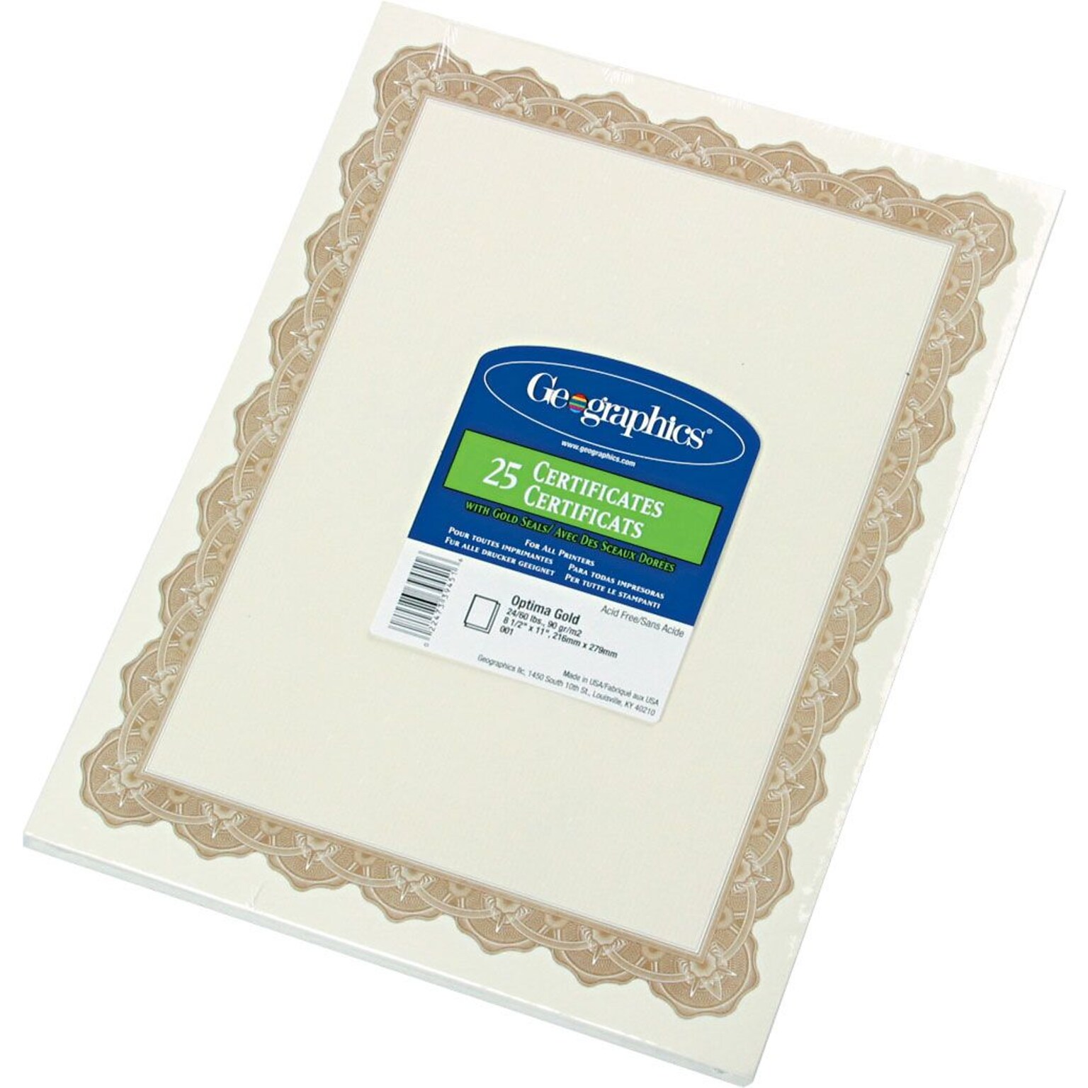 Geographics Certificates, 8.5 x 11, Gold, 25/Pack (39451S)