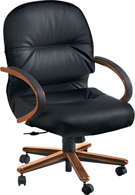 HON® 2190 Series Pillow-Soft™ Executive Leather Mid-Back Chairs, Harvest Oak Finish, Black Leather
