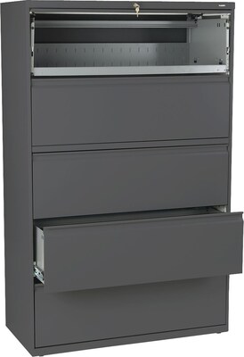 Hon® Brigade® 800Series 5-Drawer Lat File Cabinet w/Roll-Out/Posting Shelves, Char, Lttr/Lgl (895LS)