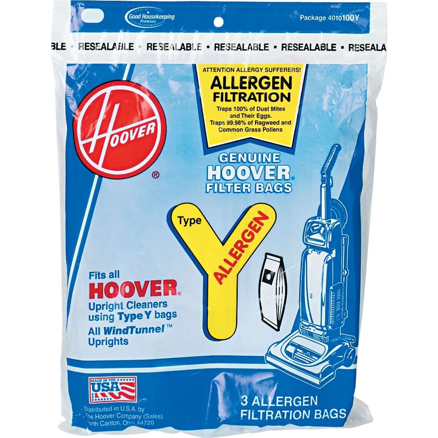 Hoover Type Y Allergen Filtration Vacuum Bags, 3/Pack (4010100Y)