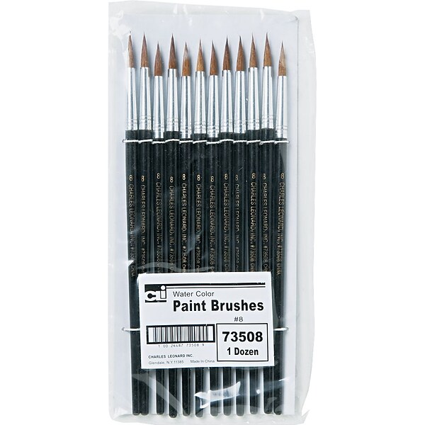 Leonard Paint Brush, Fine Camel Hair, Black, Aluminum Ferrules, Size 8, 13/16 Brush, 12/Pk