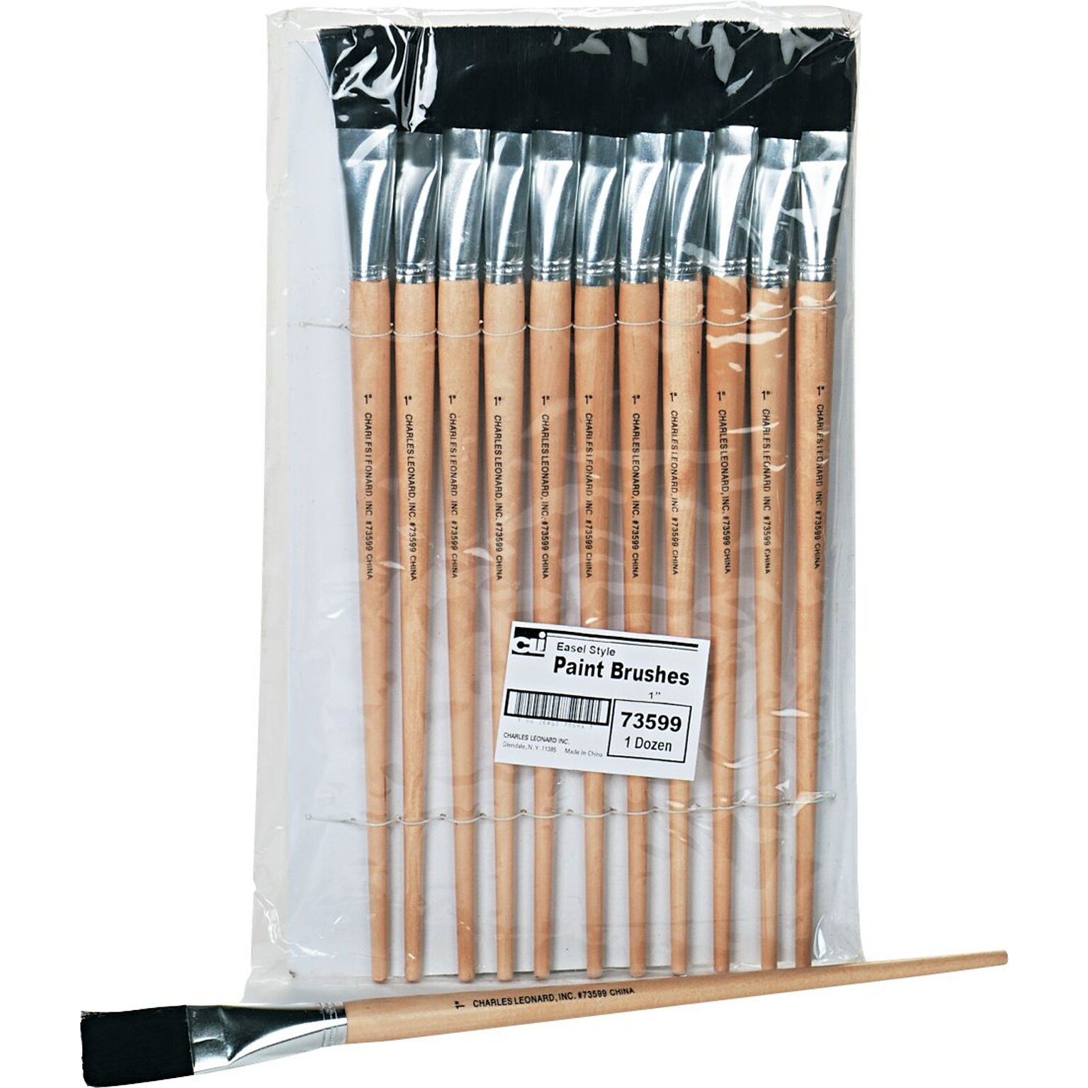 Leonard Long Handle Easel Brush; Natural Bristle, Flat, Natural Wood Colors, Size 22, 12/Pk