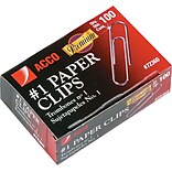 ACCO® Paper Clips, #1, Smooth, 1,000/PK