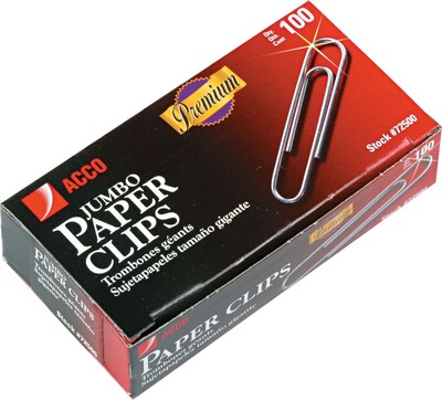 ACCO Premium Jumbo Paper Clips, Silver, 100/Box (ACC72500)