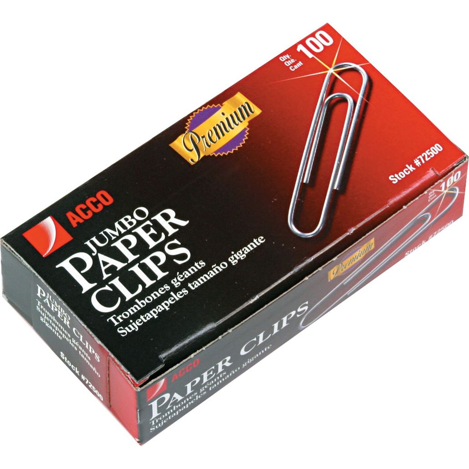 ACCO Premium Jumbo Paper Clips, Silver, 100/Box (ACC72500)