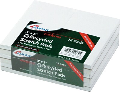 Ampad Evidence Recycled Scratch Pads, White, 3 x 5, 100 Sheets/Pad, 12/Pack