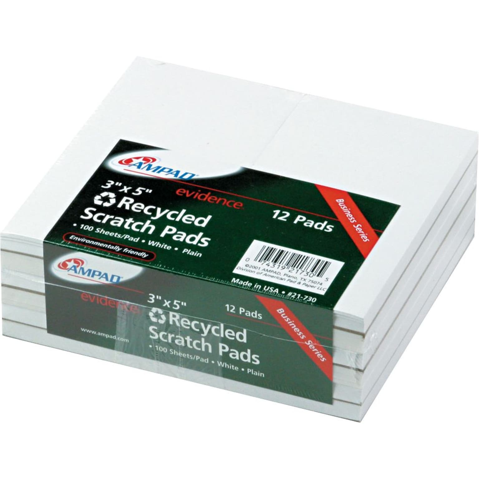 Ampad Evidence Recycled Scratch Pads, White, 3 x 5, 100 Sheets/Pad, 12/Pack