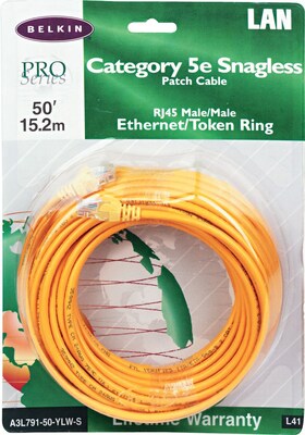 Belkin® 50 RJ45 Cat-5E Patch Cables; Snagless,  Yellow