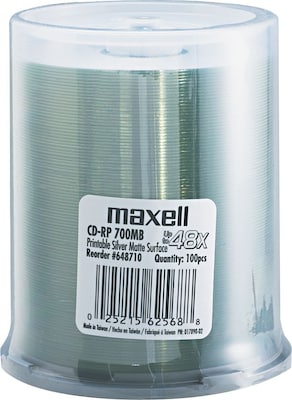 Maxell 648710 48x CD-R, Matte Silver Hub, Inkjet Printable, 100/Pack