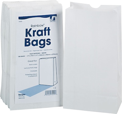 Rainbow Kraft Paper Bag, Flat Bottom, 6x11 Inches, White, Pack of 100