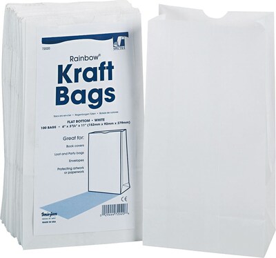 Rainbow Kraft Paper Bag, Flat Bottom, 6x11 Inches, White, Pack of 100