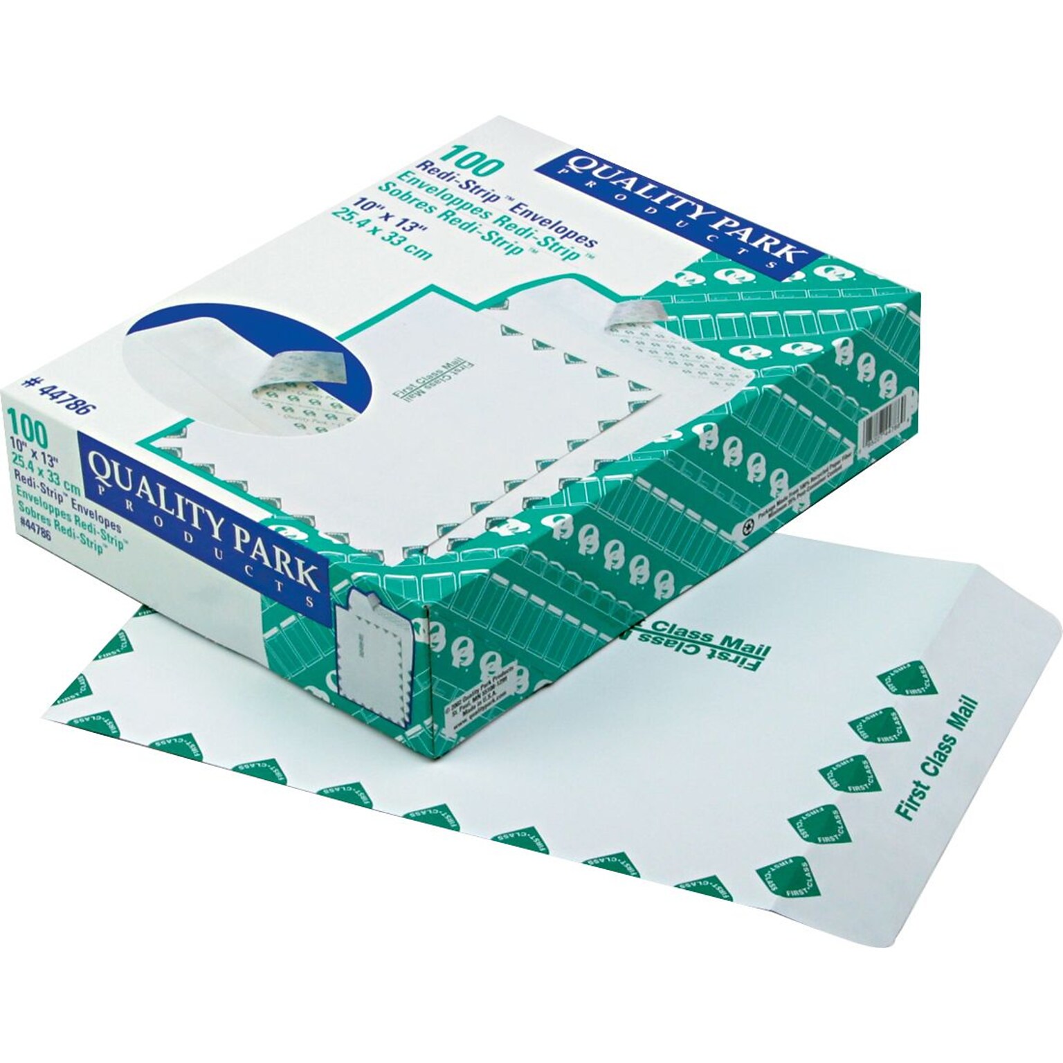 Quality Park First Class Redi-Strip Redi-Seal Catalog Envelope, 10 x 13, White/Green Border, 100/Box (44786)