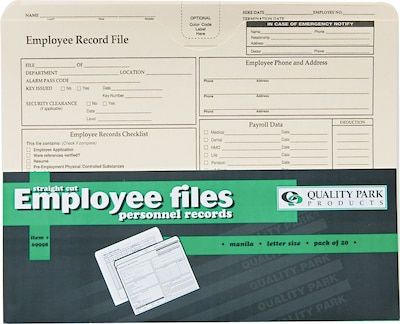 Quality Park® Letter Employee Record Folder, Manila Letter Record Folder, Manila, 20/Pack
