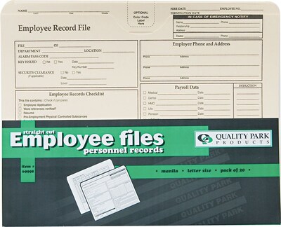 Quality Park® Letter Employee Record Folder, Manila Letter Record Folder, Manila, 20/Pack