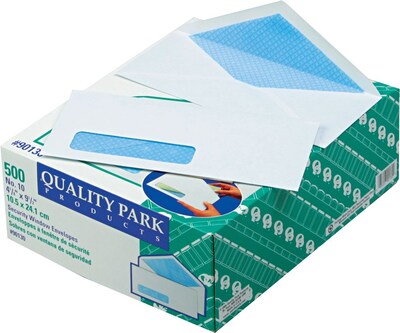 Quality Park Flap-Stik V-Flap Security Tinted #10 Window Envelope, 4 1/2 x 9 1/2, White, 500/Box (