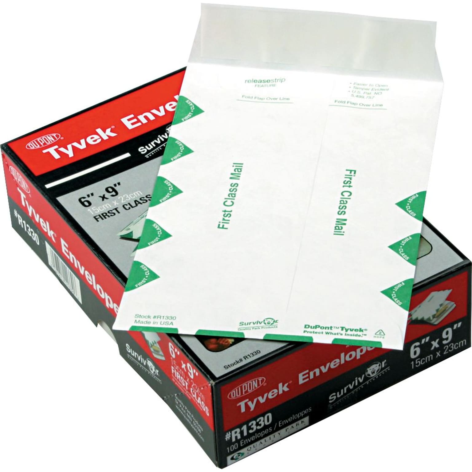 Quality Park First Class Tyvek Open End Catalog Envelopes, 6 x 9, Green/White, 100/Box (R1330)