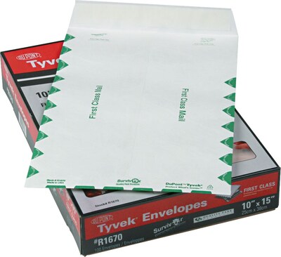 Quality Park Self-Adhesive Tyvek USPS First Class Mailer Envelope, #98, 14-lb., Green/White, 10 x 15, 100/Bx