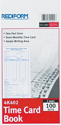 Rediform® Time Card Book (4K402); Semi-Monthly, 4-1/4 x 8, 1 Part, 100 Sets