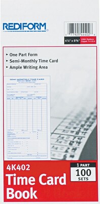 Rediform® Time Card Book (4K402); Semi-Monthly, 4-1/4 x 8", 1 Part, 100 Sets